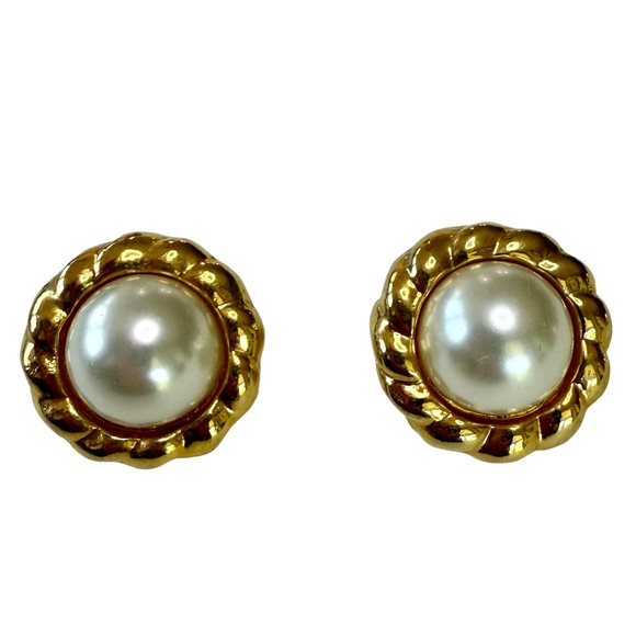 Vintage Pearl Gold-Tone Rope Twist Stud Earrings Womens Elegant Classic - Picture 1 of 8
